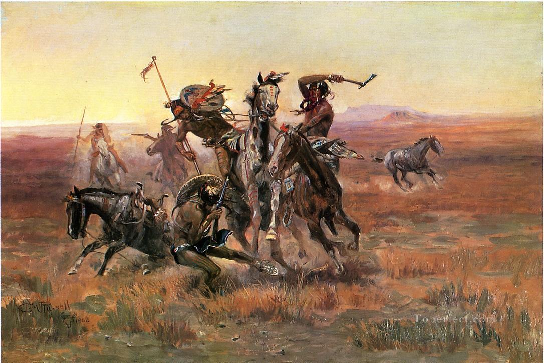 Cuando Blackfeet y Sioux conocen al estadounidense occidental Charles Marion Russell Pintura al óleo
